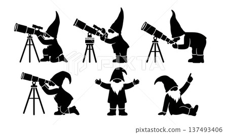 Black Solid Sky Viewing Gnome Silhouettes Set of Six on White Background 137493406