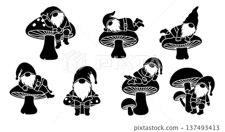 Black Solid Gnomes on Mushrooms Silhouettes Set of Six on White Background Black Solid Gnomes on Mushrooms Silhouettes Set of Six on White Background 137493413