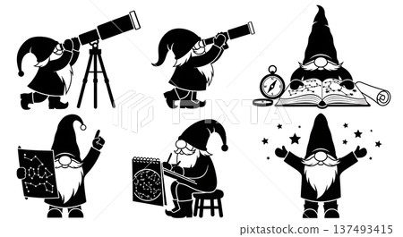 Black Solid Stargazer Gnome Silhouettes Set of Six on White Background Black Solid Stargazer Gnome Silhouettes Set of Six on White Background 137493415
