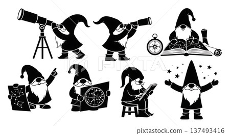 Black Solid Stargazer Gnome Silhouettes Set of Six on White Background Black Solid Stargazer Gnome Silhouettes Set of Six on White Background 137493416
