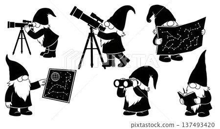 Black Solid Stargazing Charts Gnome Silhouettes Set of Six on White Background 137493420