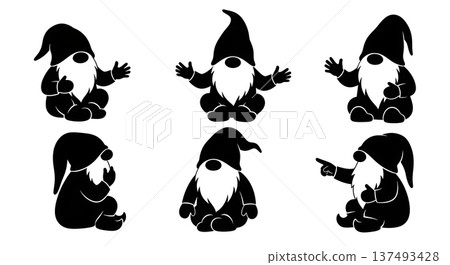 Black Solid Storytelling Gnome Silhouettes Set of Six on White Background Black Solid Storytelling Gnome Silhouettes Set of Six on White Background 137493428