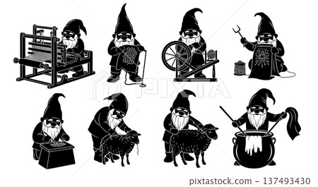 Black Solid Textile Maker Gnome Silhouettes Set of Six on White Background Black Solid Textile Maker Gnome Silhouettes Set of Six on White Background 137493430