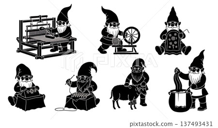 Black Solid Textile Maker Gnome Silhouettes Set of Six on White Background Black Solid Textile Maker Gnome Silhouettes Set of Six on White Background 137493431