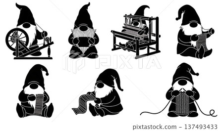 Black Solid Textile Maker Gnome Silhouettes Set of Six on White Background Black Solid Textile Maker Gnome Silhouettes Set of Six on White Background 137493433
