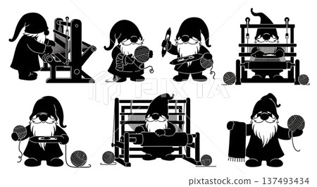 Black Solid Weaving Loom Gnome Silhouettes Set of Six on White Background Black Solid Weaving Loom Gnome Silhouettes Set of Six on White Background 137493434