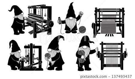 Black Solid Weaving Loom Gnome Silhouettes Set of Six on White Background Black Solid Weaving Loom Gnome Silhouettes Set of Six on White Background 137493437