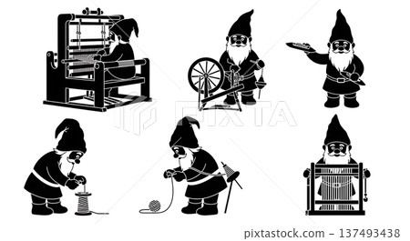 Black Solid Weaving Gnome Silhouettes Set of Six on White Background Black Solid Weaving Gnome Silhouettes Set of Six on White Background 137493438