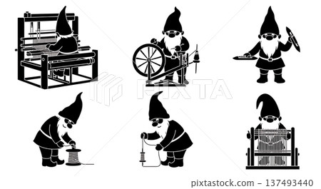 Black Solid Weaving Gnome Silhouettes Set of Six on White Background 137493440