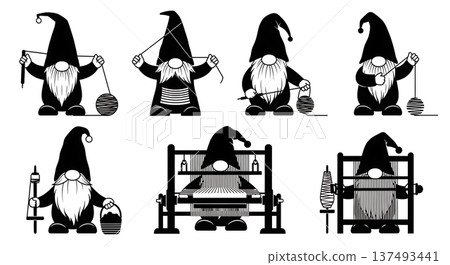 Black Solid Weaving Gnome Silhouettes Set of Six on White Background 137493441