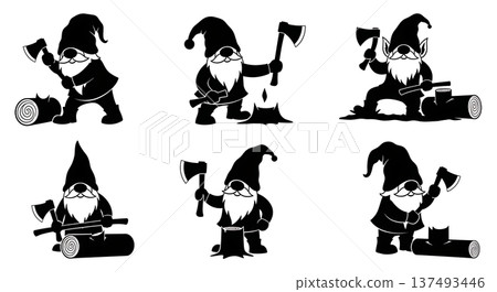Black Solid Woodcutter Gnome Silhouettes Set of Six on White Background 137493446