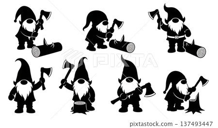 Black Solid Woodcutter Gnome Silhouettes Set of Six on White Background 137493447