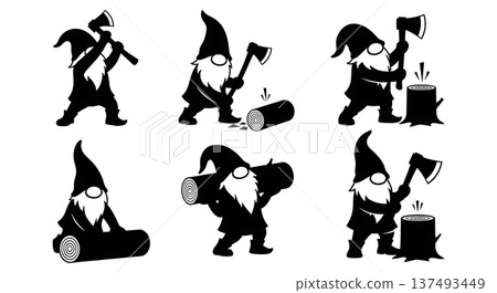 Black Solid Woodcutter Gnome Silhouettes Set of Six on White Background 137493449