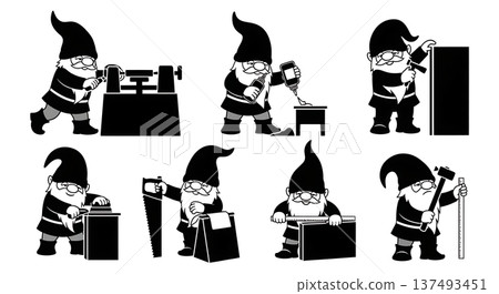 Black Solid Woodworking Gnome Silhouettes Set of Six on White Background Black Solid Woodworking Gnome Silhouettes Set of Six on White Background 137493451