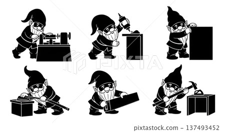 Black Solid Woodworking Gnome Silhouettes Set of Six on White Background Black Solid Woodworking Gnome Silhouettes Set of Six on White Background 137493452