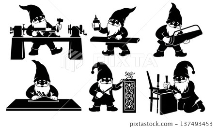 Black Solid Woodworking Gnome Silhouettes Set of Six on White Background Black Solid Woodworking Gnome Silhouettes Set of Six on White Background 137493453