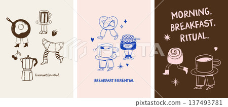 Whimsical hand drawn cafe, bakery and patisserie vintage cartoon posters, banners and prints 137493781