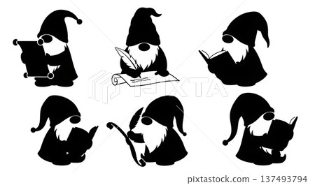 Black Solid Gnome Writing Silhouettes Set of Six on White Background 137493794