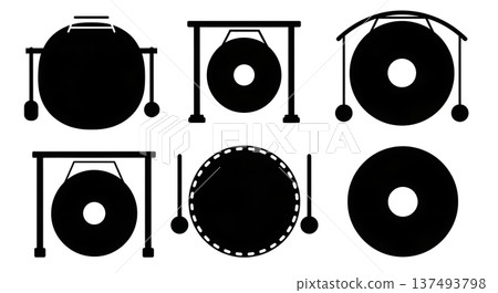 Black Solid Gong Silhouettes Set of Six on White Background Black Solid Gong Silhouettes Set of Six on White Background 137493798