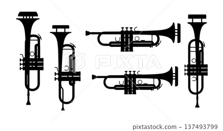 Black Solid Grand Piano Details Set of Six on White Background 137493799
