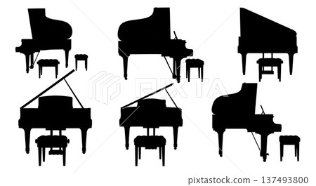 Black Solid Grand Piano Details Set of Six on White Background Black Solid Grand Piano Details Set of Six on White Background 137493800