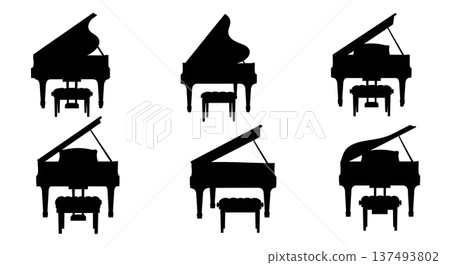Black Solid Grand Piano Details Set of Six on White Background 137493802