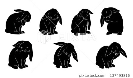 Black Solid Grooming Bunny Silhouettes Set of Six on White Background Black Solid Grooming Bunny Silhouettes Set of Six on White Background 137493816