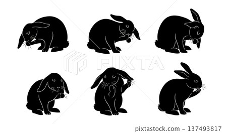Black Solid Grooming Bunny Silhouettes Set of Six on White Background Black Solid Grooming Bunny Silhouettes Set of Six on White Background 137493817