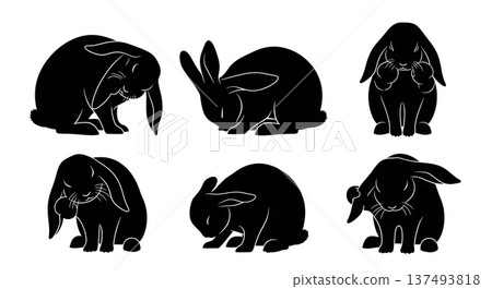 Black Solid Grooming Bunny Silhouettes Set of Six on White Background Black Solid Grooming Bunny Silhouettes Set of Six on White Background 137493818