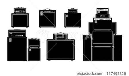 Black Solid Amplifier Silhouettes Set of Six on White Background 137493826