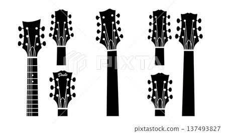 Black Solid Guitar Headstock Silhouettes Set of Six on White Background 137493827