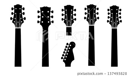 Black Solid Guitar Headstock Silhouettes Set of Six on White Background Black Solid Guitar Headstock Silhouettes Set of Six on White Background 137493828
