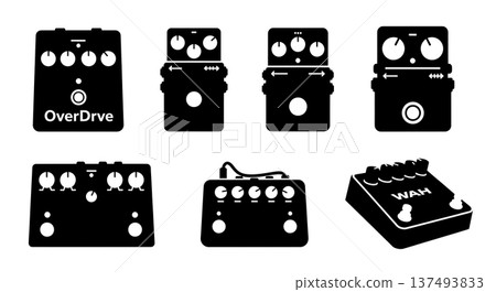 Black Solid Guitar Pedal Silhouettes Set of Six on White Background Black Solid Guitar Pedal Silhouettes Set of Six on White Background 137493833