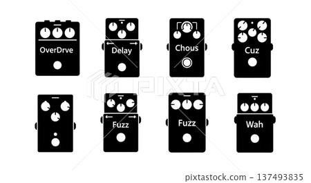 Black Solid Guitar Pedal Silhouettes Set of Six on White Background 137493835