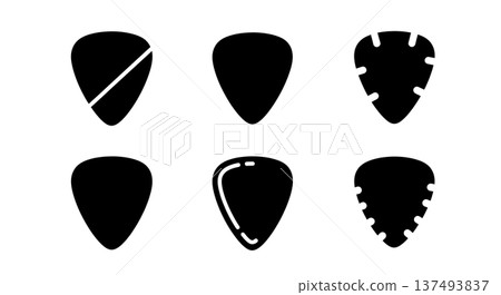 Black Solid Guitar Pick Silhouettes Set of Six on White Background Black Solid Guitar Pick Silhouettes Set of Six on White Background 137493837