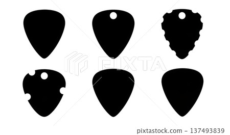 Black Solid Guitar Pick Silhouettes Set of Six on White Background 137493839
