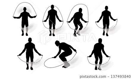 Black Solid Gym Workout Skipping Silhouettes Set of Six on White Background Black Solid Gym Workout Skipping Silhouettes Set of Six on White Background 137493840