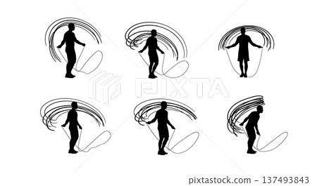 Black Solid Gym Workout Skipping Silhouettes Set of Six on White Background Black Solid Gym Workout Skipping Silhouettes Set of Six on White Background 137493843