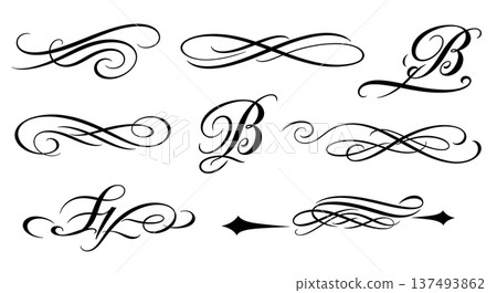 Black Solid Handwriting Flourish Silhouettes Set of Six on White Background Black Solid Handwriting Flourish Silhouettes Set of Six on White Background 137493862