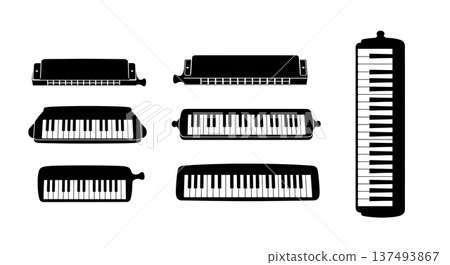 Black Solid Harmonica Silhouettes Set of Six on White Background Black Solid Harmonica Silhouettes Set of Six on White Background 137493867