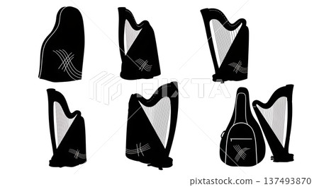 Black Solid Harp Cover Silhouettes Set of Six on White Background 137493870