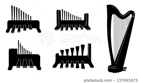 Black Solid Harp Base Silhouettes Set of Six on White Background Black Solid Harp Base Silhouettes Set of Six on White Background 137493873