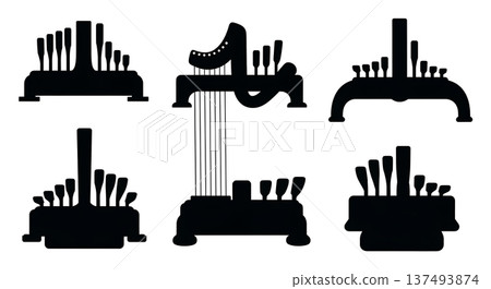 Black Solid Harp Base Silhouettes Set of Six on White Background Black Solid Harp Base Silhouettes Set of Six on White Background 137493874