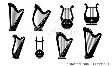 Black Solid Harp and Lyre Silhouettes Set of Six on White Background 137493881
