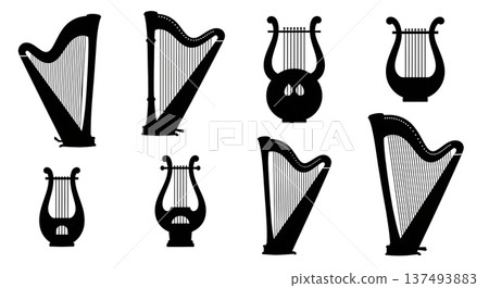Black Solid Harp and Lyre Silhouettes Set of Six on White Background Black Solid Harp and Lyre Silhouettes Set of Six on White Background 137493883
