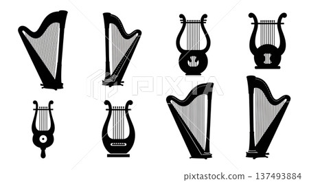Black Solid Harp and Lyre Silhouettes Set of Six on White Background Black Solid Harp and Lyre Silhouettes Set of Six on White Background 137493884