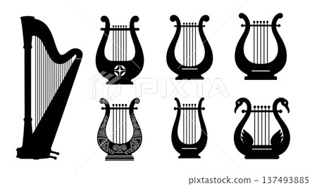 Black Solid Harp and Lyre Silhouettes Set of Six on White Background Black Solid Harp and Lyre Silhouettes Set of Six on White Background 137493885