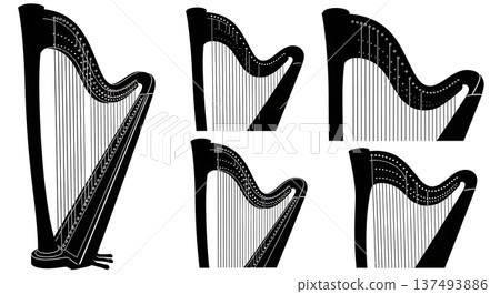 Black Solid Harp String Silhouettes Set of Six on White Background Black Solid Harp String Silhouettes Set of Six on White Background 137493886