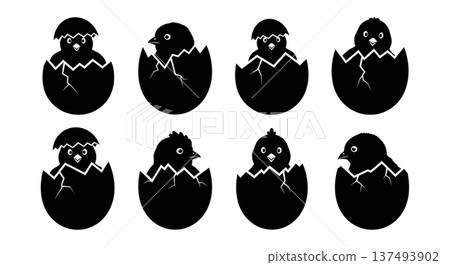 Black Solid Hatching Easter Egg Silhouettes Set of Six on White Background Black Solid Hatching Easter Egg Silhouettes Set of Six on White Background 137493902