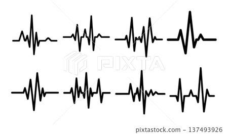 Black Solid Heartbeat EKG Silhouettes Set of Six on White Background 137493926